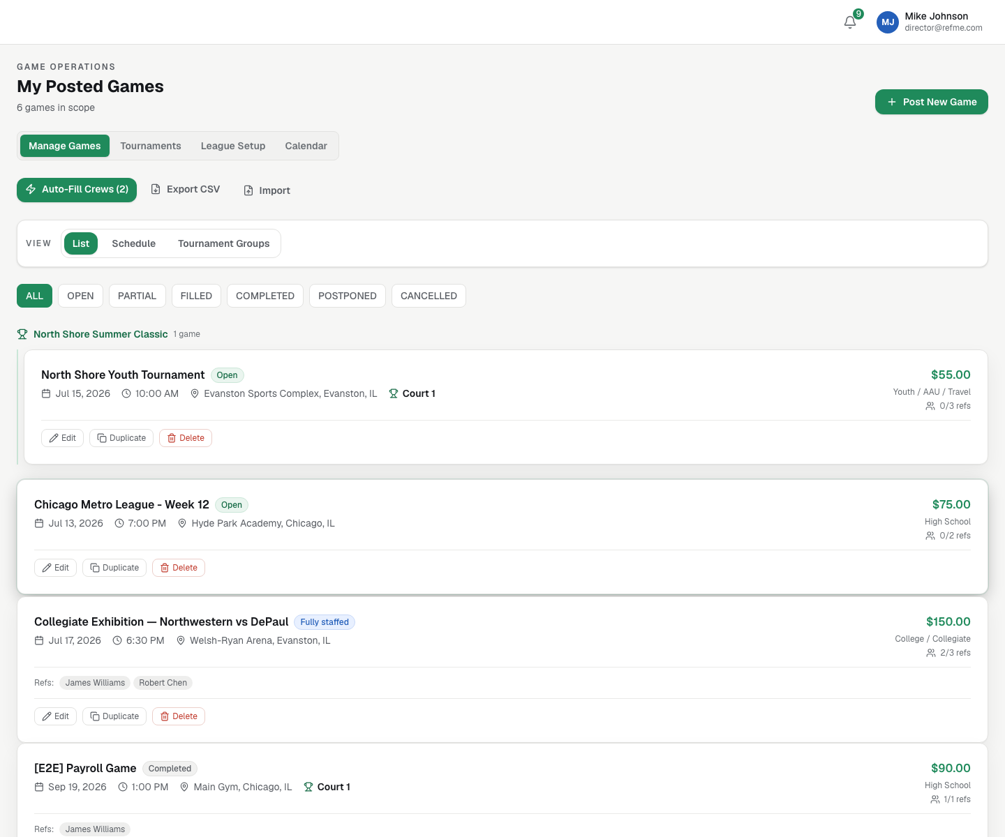 Posted games workspace showing crew openings, tournament grouping, and staffing actions
